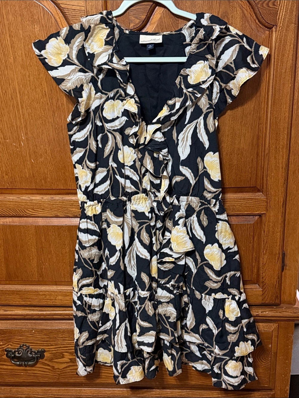 Universal Thread Black Floral Ruffle Wrap Mini Dress with Yellow Accents size MD